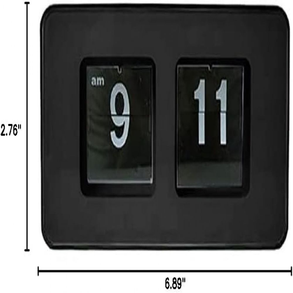 Eine schwarze Klappuhr zeigt 9:11 Uhr an. Die Uhr ist rechteckig mit abgerundeten Ecken. Abmessungen sind 2,76" x 6,89".