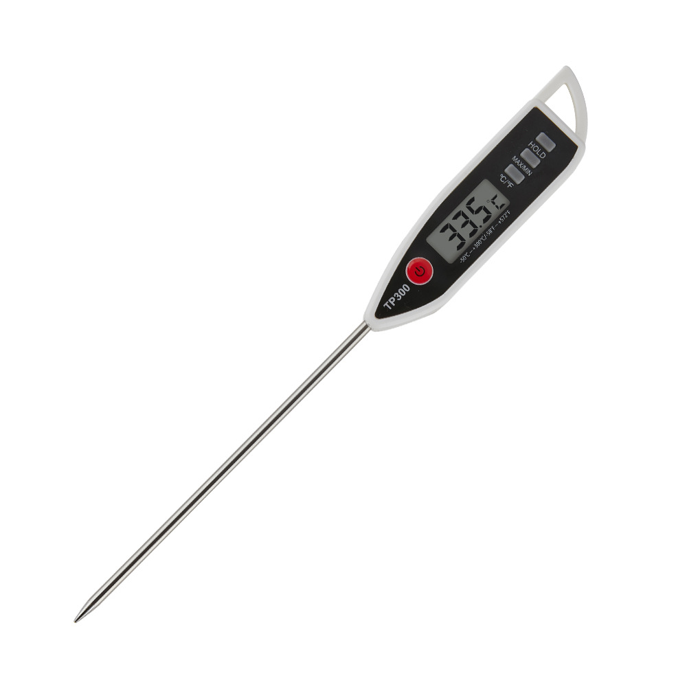 Digitales Lebensmittelthermometer mit langer Metallsonde, zeigt 33,5 °C an. Schwarzes und weißes Gehäuse, Knöpfe und Display.