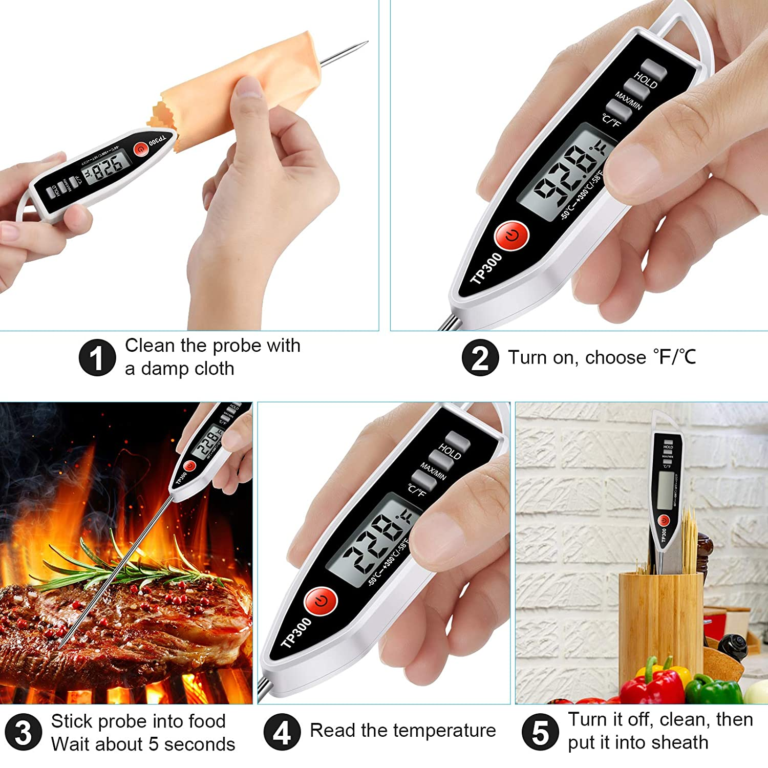 Ein Lebensmitteltemperaturmessgerät wird in fünf Schritten gezeigt: Reinigen, Einschalten, in Fleisch stecken, Temperatur ablesen und verstauen.