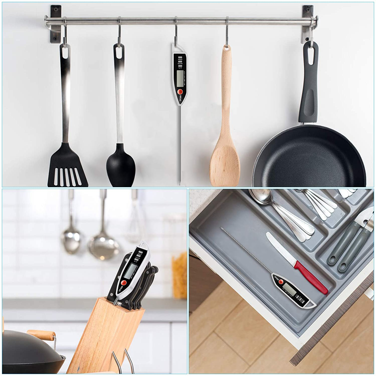Küchenutensilien hängen an einer Stange, darunter Spatel, ein Thermometer, ein Holzlöffel und eine Bratpfanne. Eine Schublade mit Besteck.