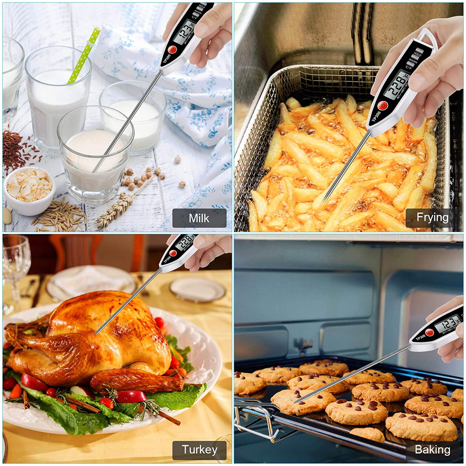 Ein digitales Thermometer wird in Milch, Frittieröl mit Pommes, einen Truthahn und Kekse gesteckt. Jede Szene zeigt unterschiedliche Temperaturen.