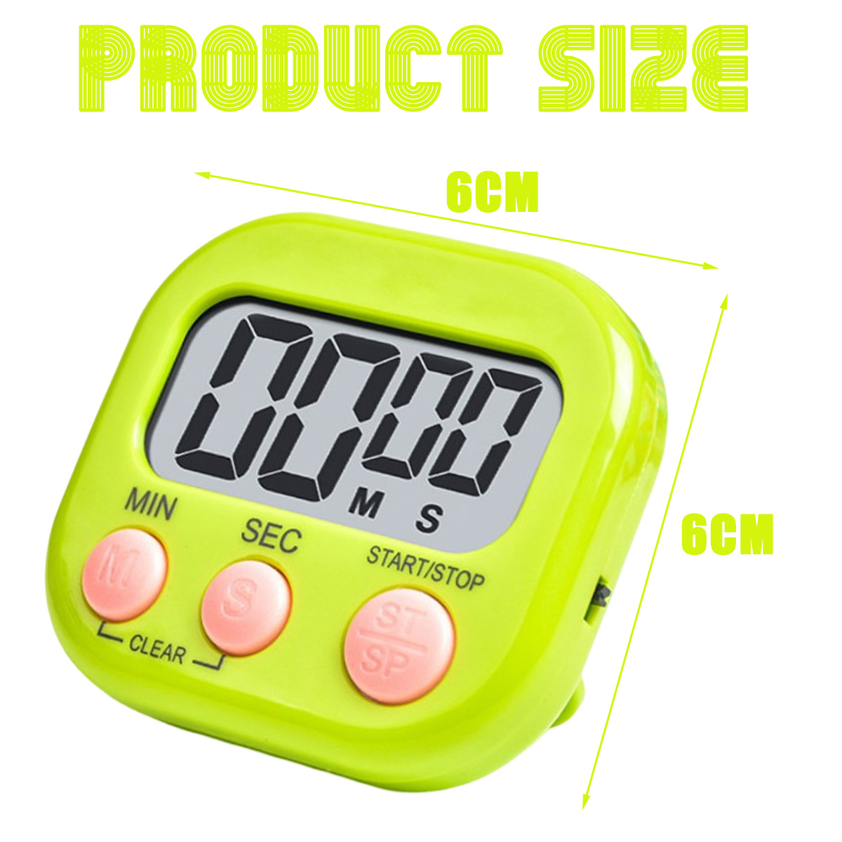 Ein grüner Küchentimer mit Digitalanzeige 00:00. Rosa Knöpfe für Minuten, Sekunden und Start/Stopp. Produktgröße 6cm.
