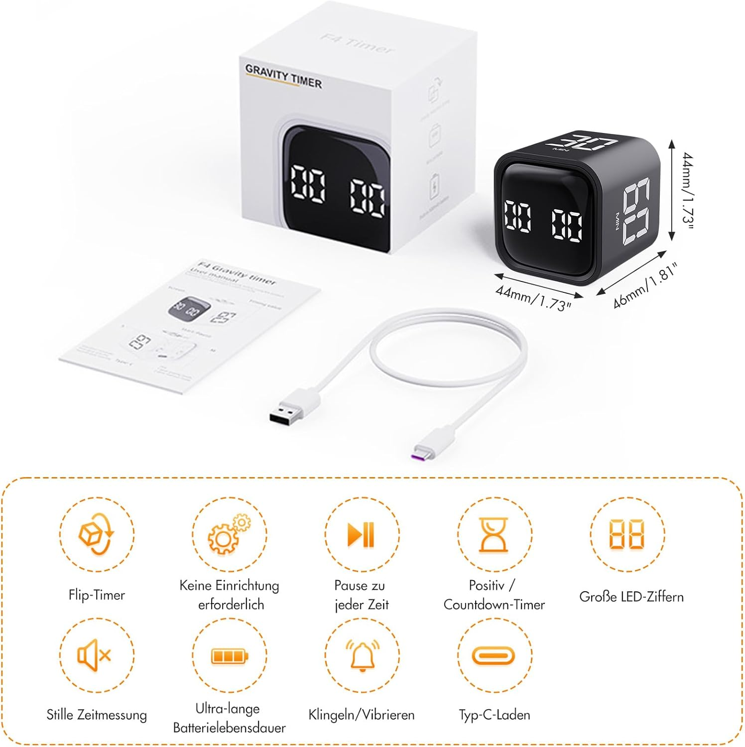 Ein schwarzer Würfel-Timer zeigt die Zeit auf seinen Flächen an, mit einer weißen Box und einem Diagramm der Funktionen. Ein USB-Kabel ist ebenfalls vorhanden.