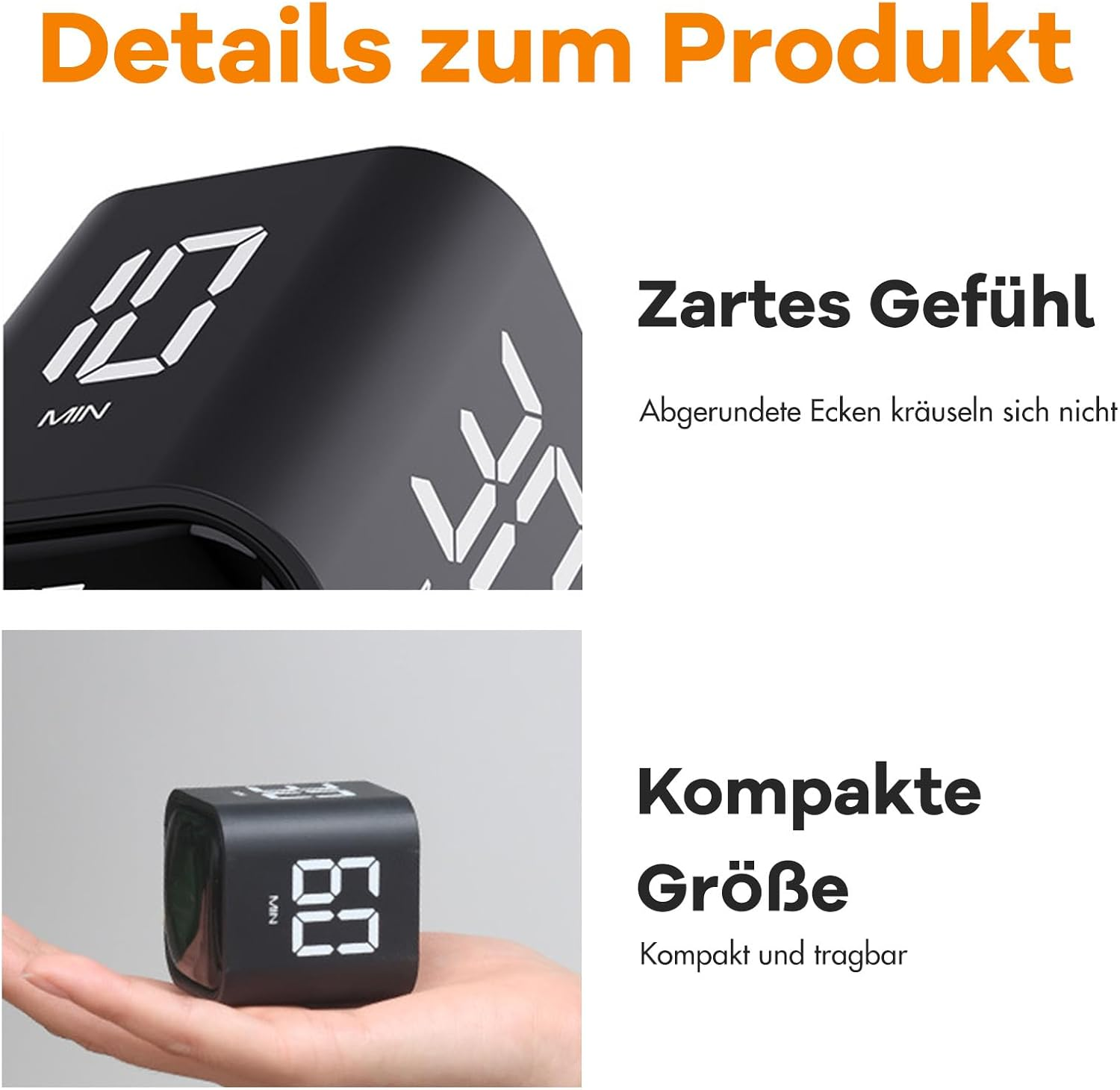 Das Bild zeigt einen schwarzen Timer mit weißen Ziffern, der '10 MIN' und '60 MIN' anzeigt. Text beschreibt Produktdetails und Merkmale.