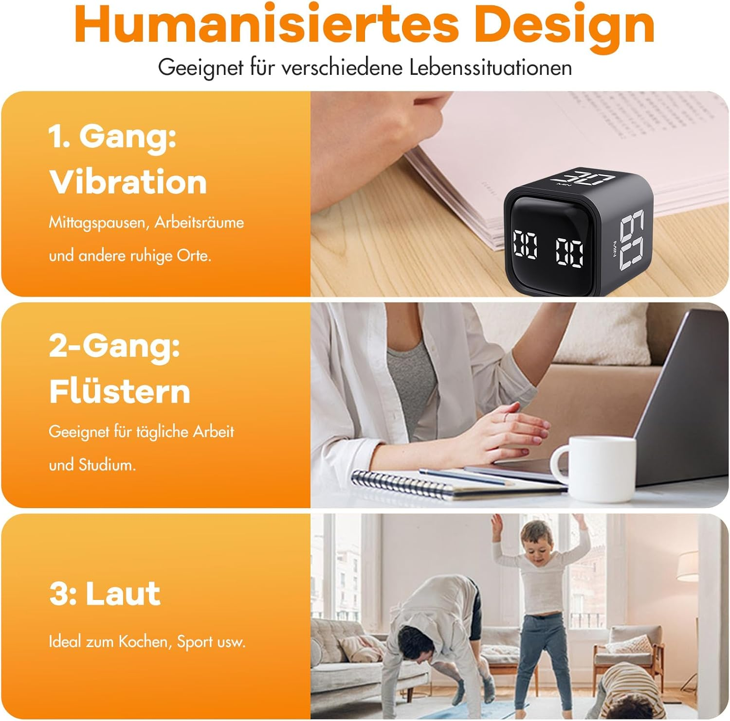 Das Bild zeigt eine Produktpräsentation, unterteilt in drei Abschnitte. Jeder hat einen Titel und einen Lifestyle-Anwendungsfall mit unterstützenden Bildern.