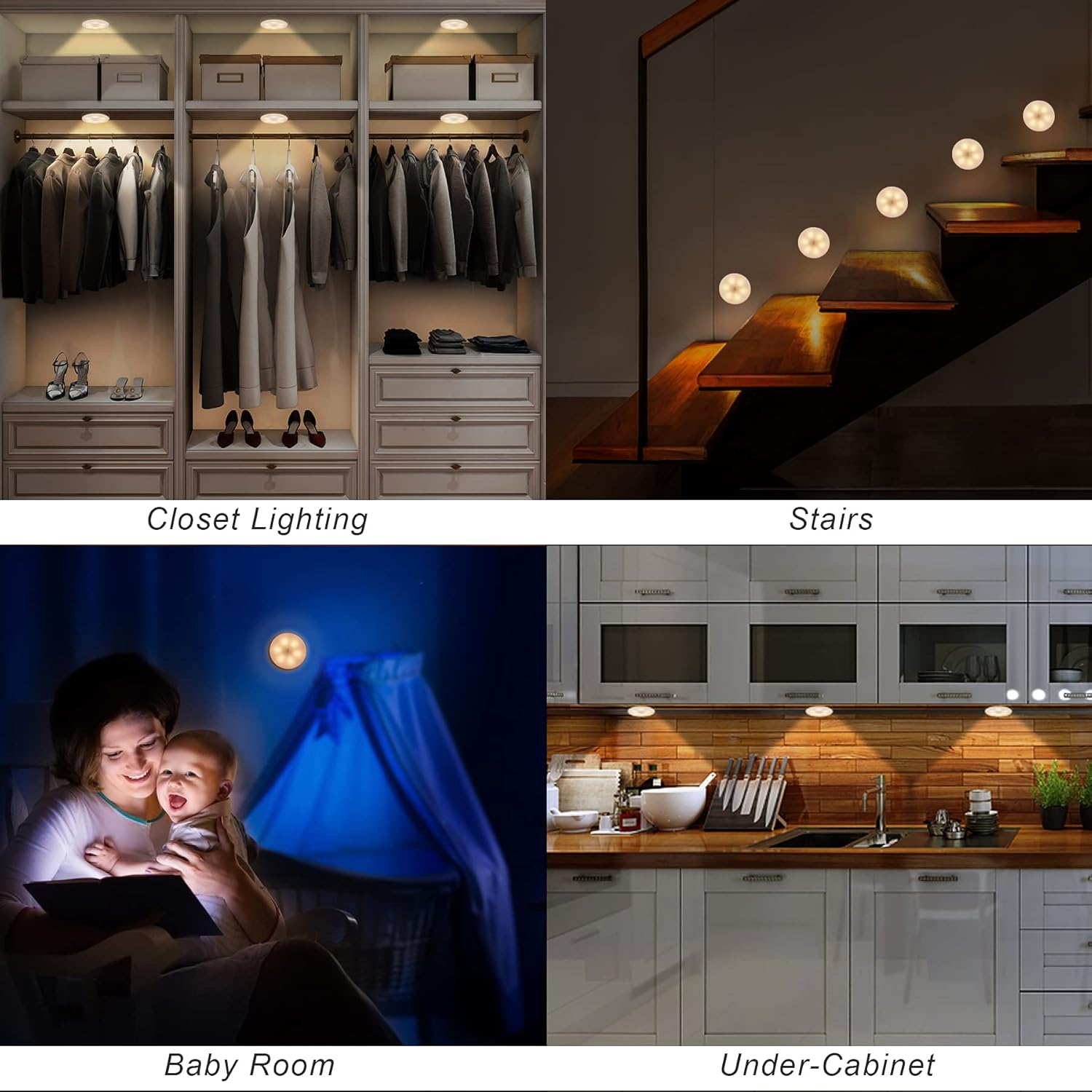 Das Bild zeigt vier Szenarien: Schrankbeleuchtung, Treppe, Babyzimmer und Unterschrankbeleuchtung, jeweils mit einem kleinen runden Licht.