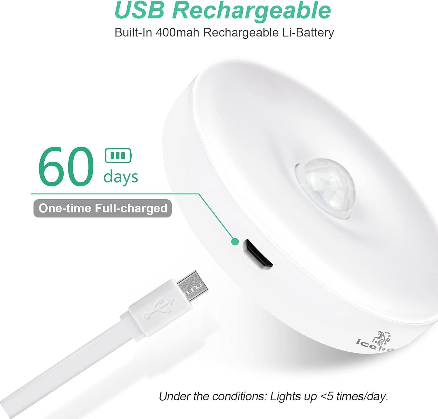 Ein weißes Bewegungssensorlicht mit USB-Kabel. Text zeigt 'USB Rechargeable' und '60 Tage'. Das Licht ist weiß mit einem Sensor.