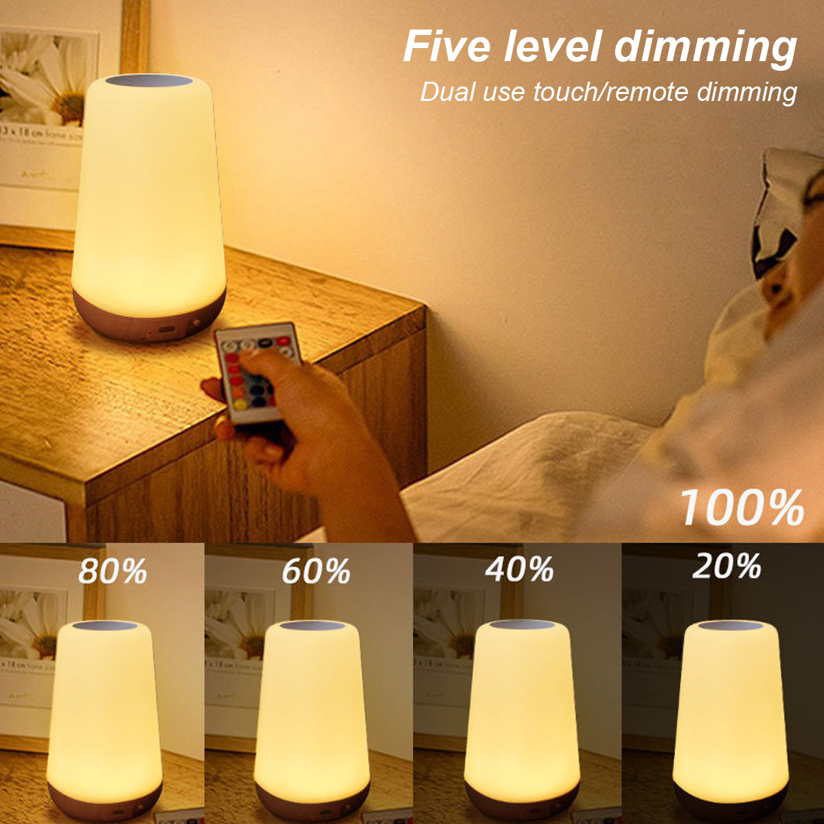Eine Nachttischlampe mit fünf Dimmstufen wird gezeigt. Eine Hand verwendet eine Fernbedienung, um die Lampe zu steuern. Helligkeitsprozente werden angezeigt.