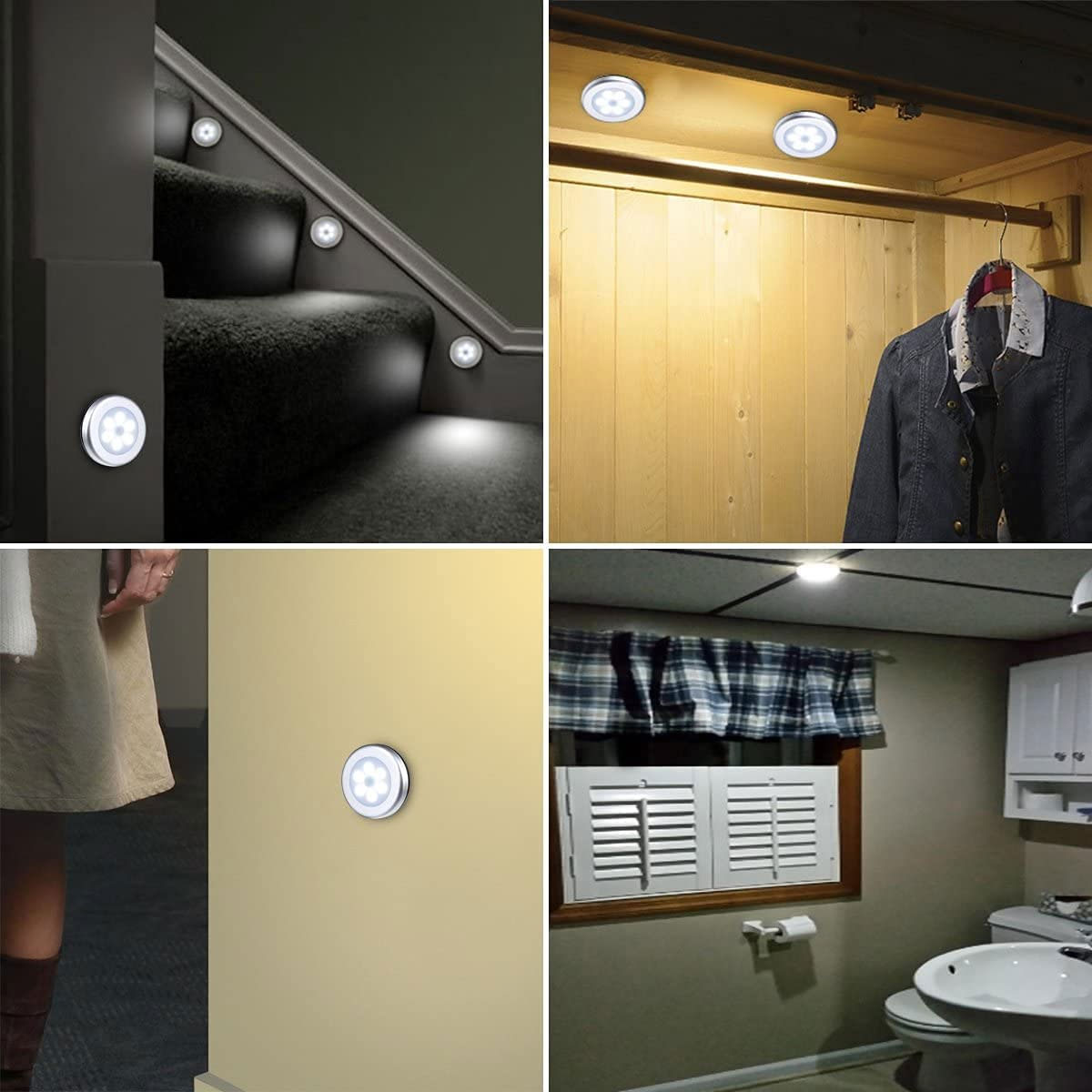 Vier Bilder mit LED-Leuchten. Eines auf Treppen, eines in einem Schrank, eines an einer Wand und eines in einem Badezimmer.