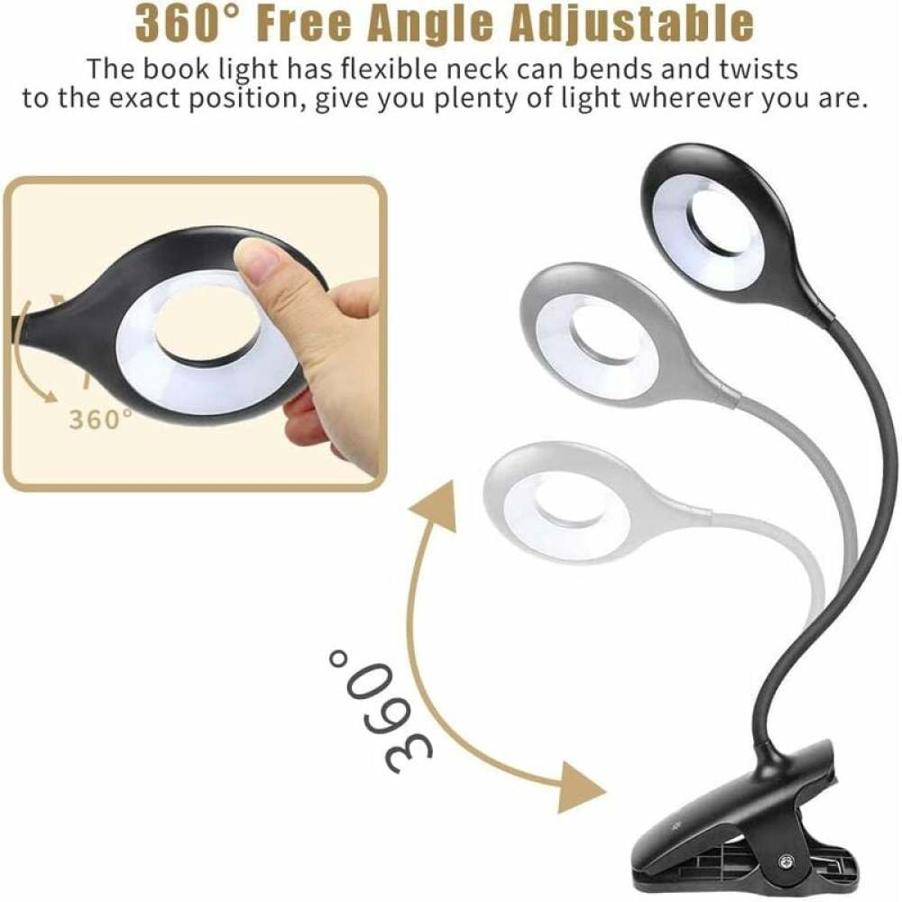 Eine flexible, schwarze LED-Leselampe mit Clip. Das Bild zeigt das Biegen des Lichts. Das Licht kann sich um 360 Grad drehen.