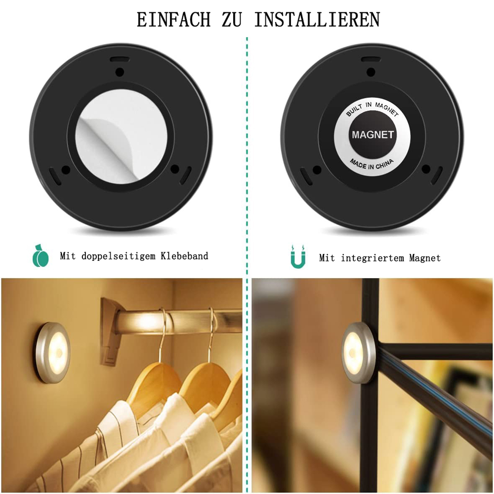 Das Bild zeigt zwei schwarze runde Lichter. Eines hat Klebstoff, das andere einen Magneten. Die Lichter sind in einem Schrank und an einer Metallstange installiert.