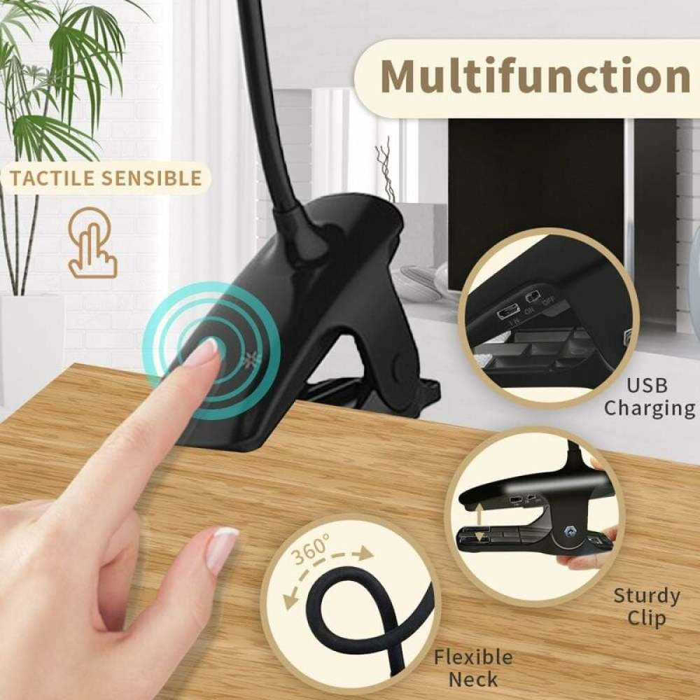 Eine Hand berührt eine schwarze Klemmlampe. Merkmale sind flexibler Hals, stabiler Clip und USB-Aufladung. Text zeigt 'taktil sensibel'.
