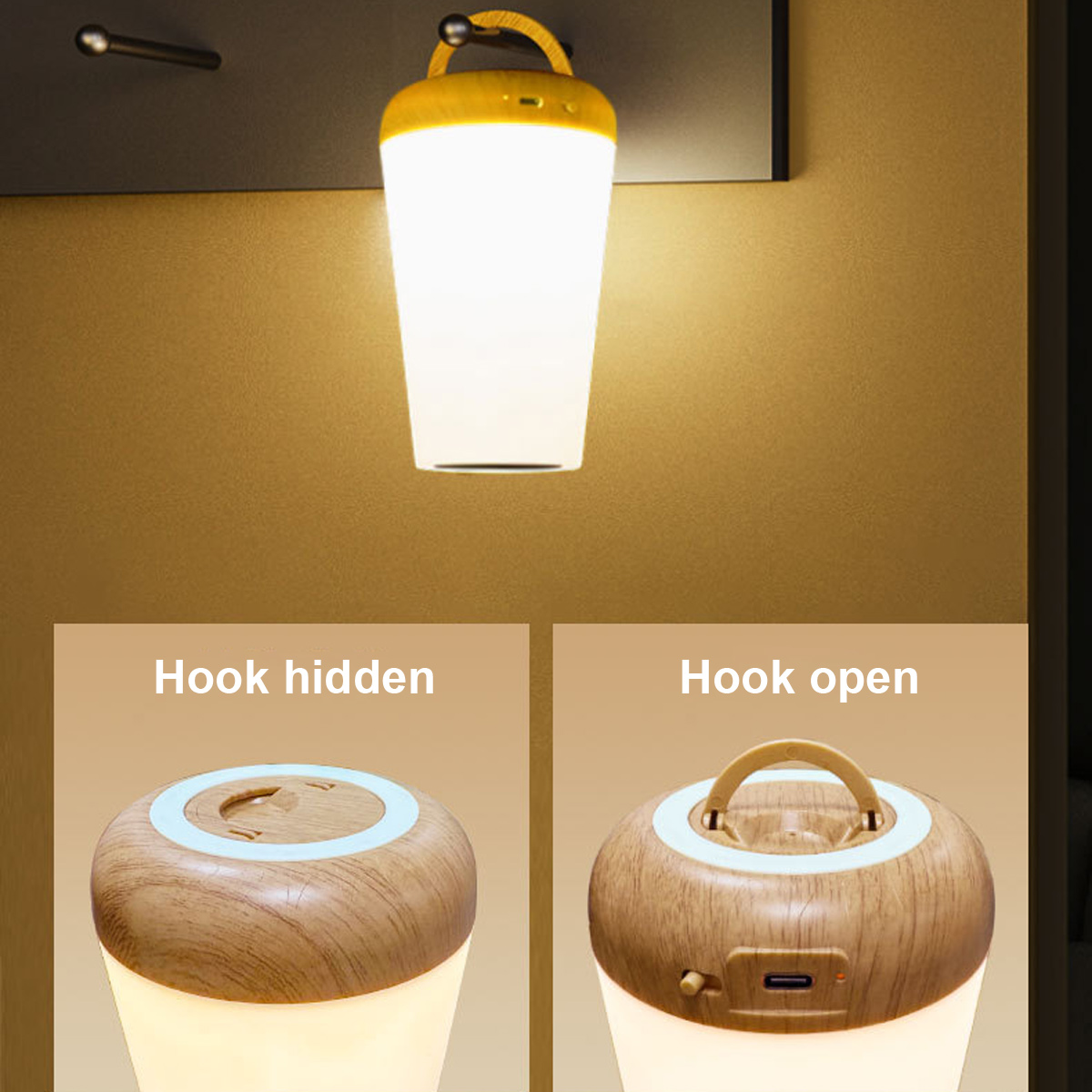 Eine leuchtende Lampe mit gelbem Griff wird gezeigt. Der Haken ist in den beiden Nahaufnahmen versteckt und offen.