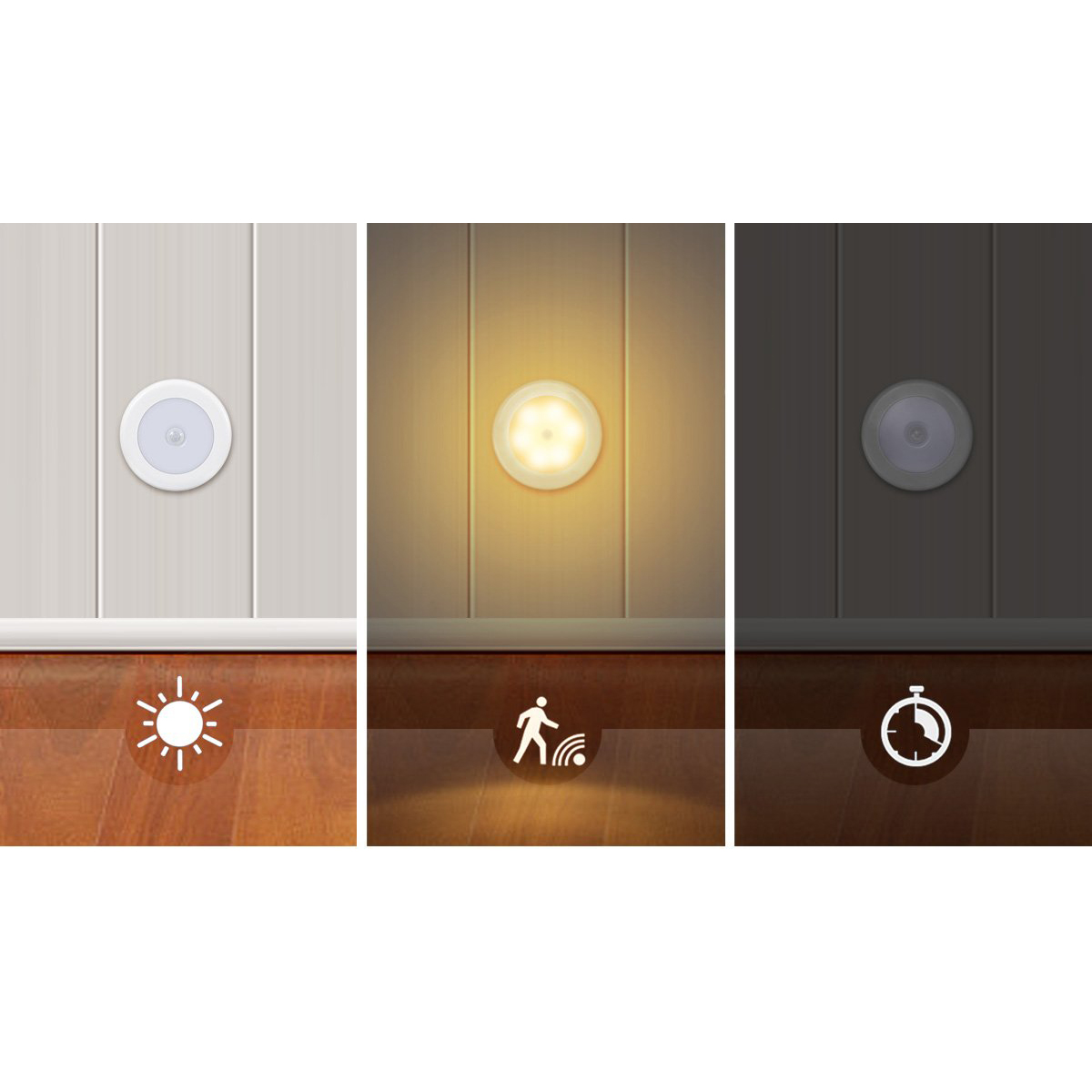 Drei Bilder zeigen ein Licht mit verschiedenen Modi: Sonne, Bewegungssensor und Timer. Jedes Licht befindet sich an einer Wand mit Holzboden darunter.