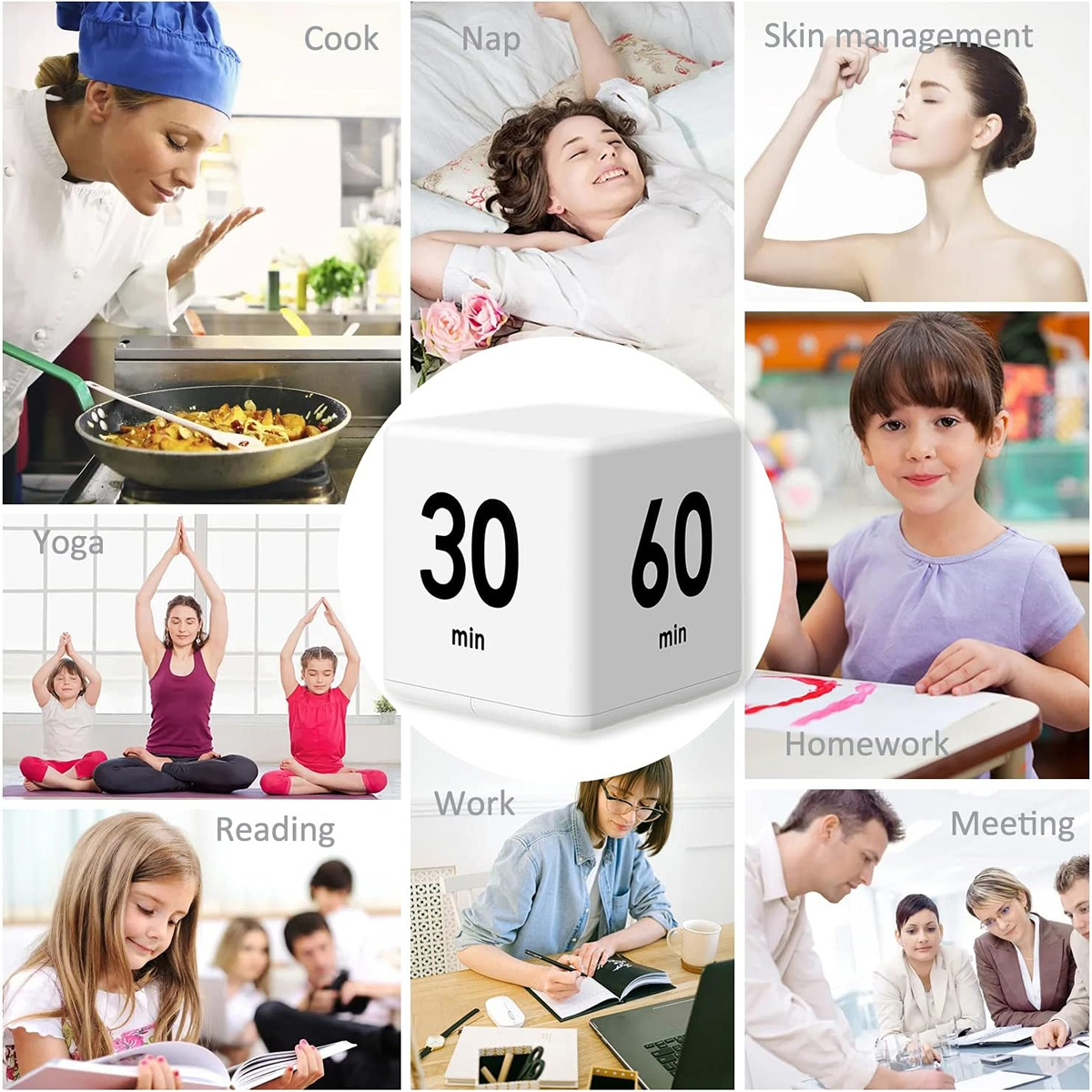 Collage von Aktivitäten: Kochen, Nickerchen, Hautpflege, Yoga, Lesen, Arbeiten, Hausaufgaben, Treffen und ein Timer-Würfel mit 30 und 60 Min.