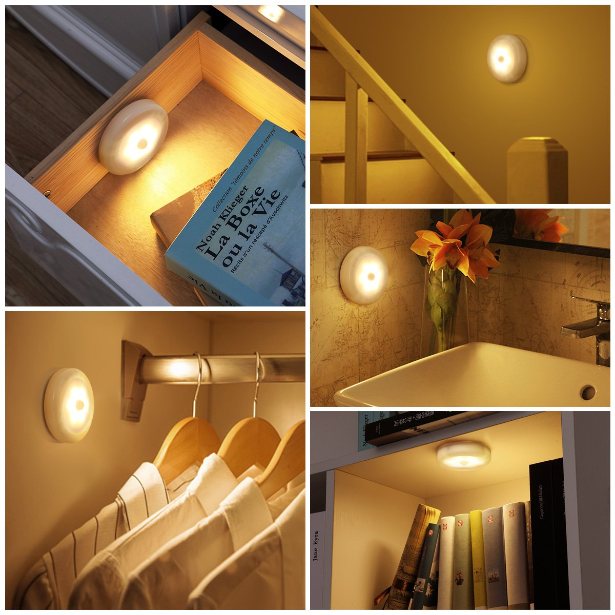 Eine Reihe von Bildern, die kleine, runde Lichter in verschiedenen Umgebungen zeigen: eine Schublade, ein Treppenhaus, ein Badezimmer, ein Schrank und ein Bücherregal.