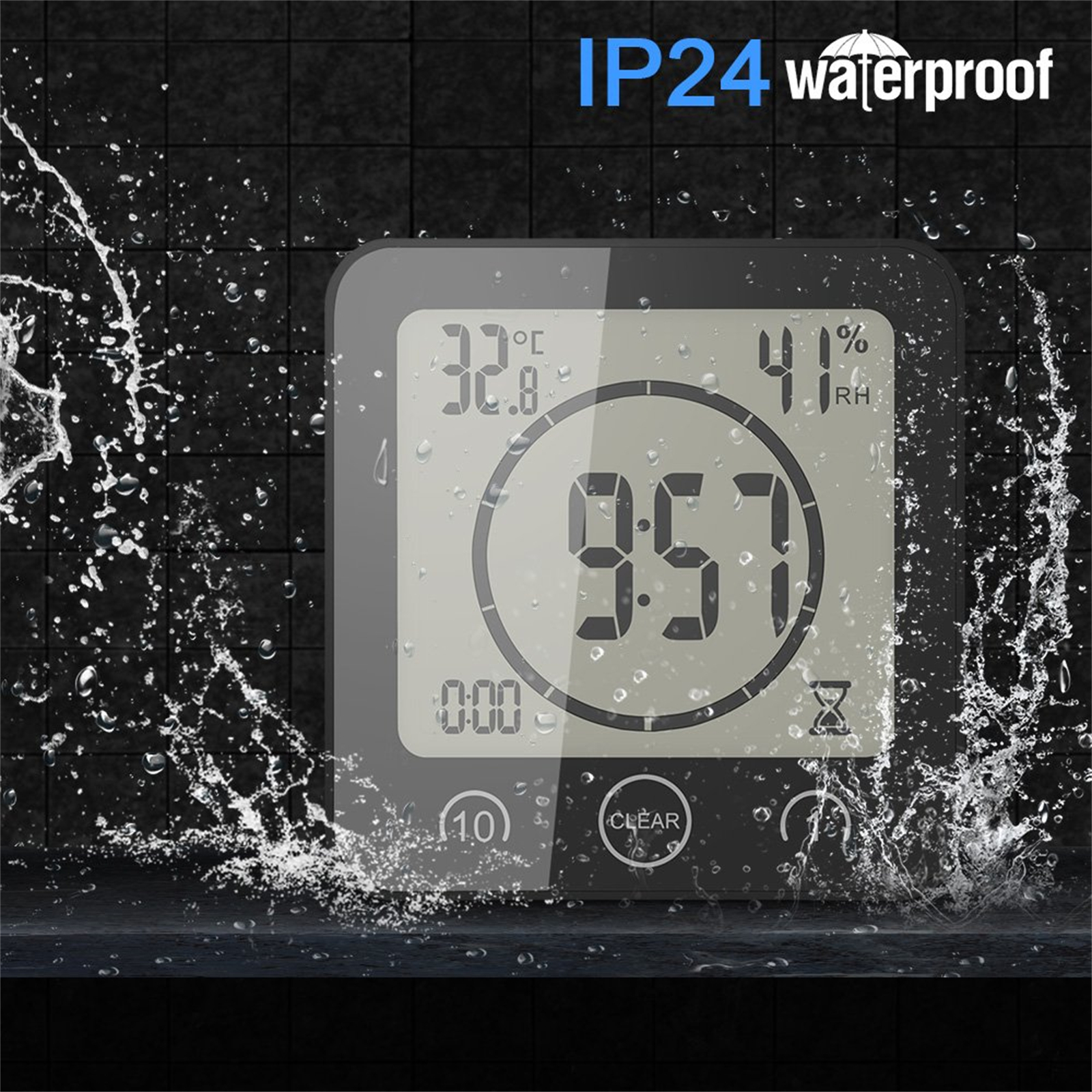 Ein wasserdichter digitaler Timer zeigt Zeit, Temperatur und Luftfeuchtigkeit an. Wassertröpfchen und Text überlagern das Gerät. Schwarzer Hintergrund.