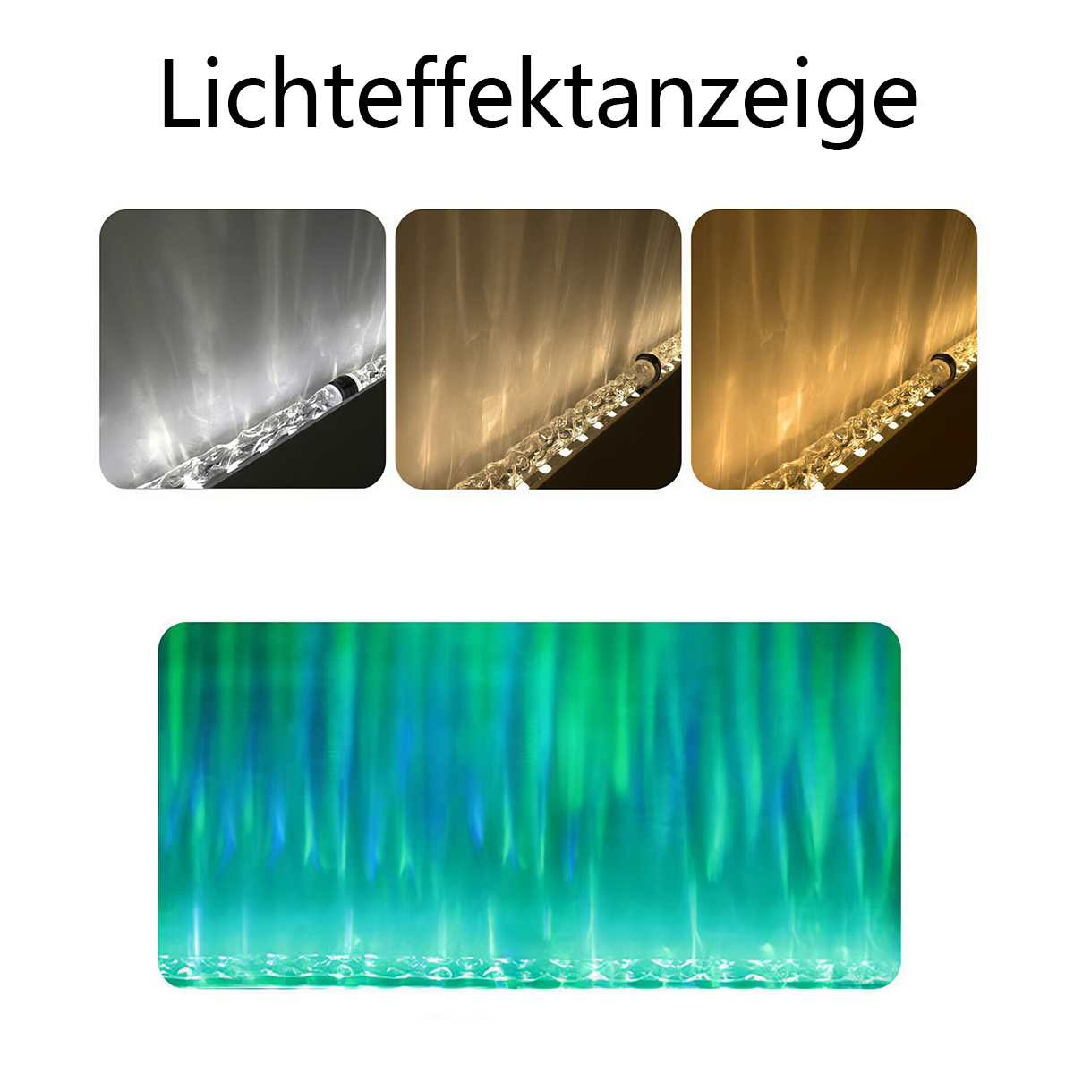 Das Bild zeigt Lichteffektanzeigen mit drei oberen Quadraten, die verschiedene Lichtfarben zeigen, und einem unteren Rechteck.