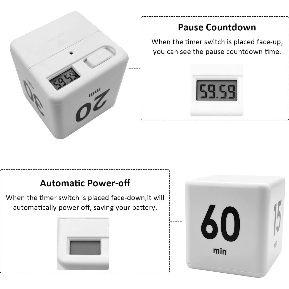 Ein weißer Würfel-Timer mit Digitalanzeige, die 59:59 anzeigt, und Zahlen wie 20, 30 und 60 auf den Seiten. Zusätzliche Bilder zeigen Details.