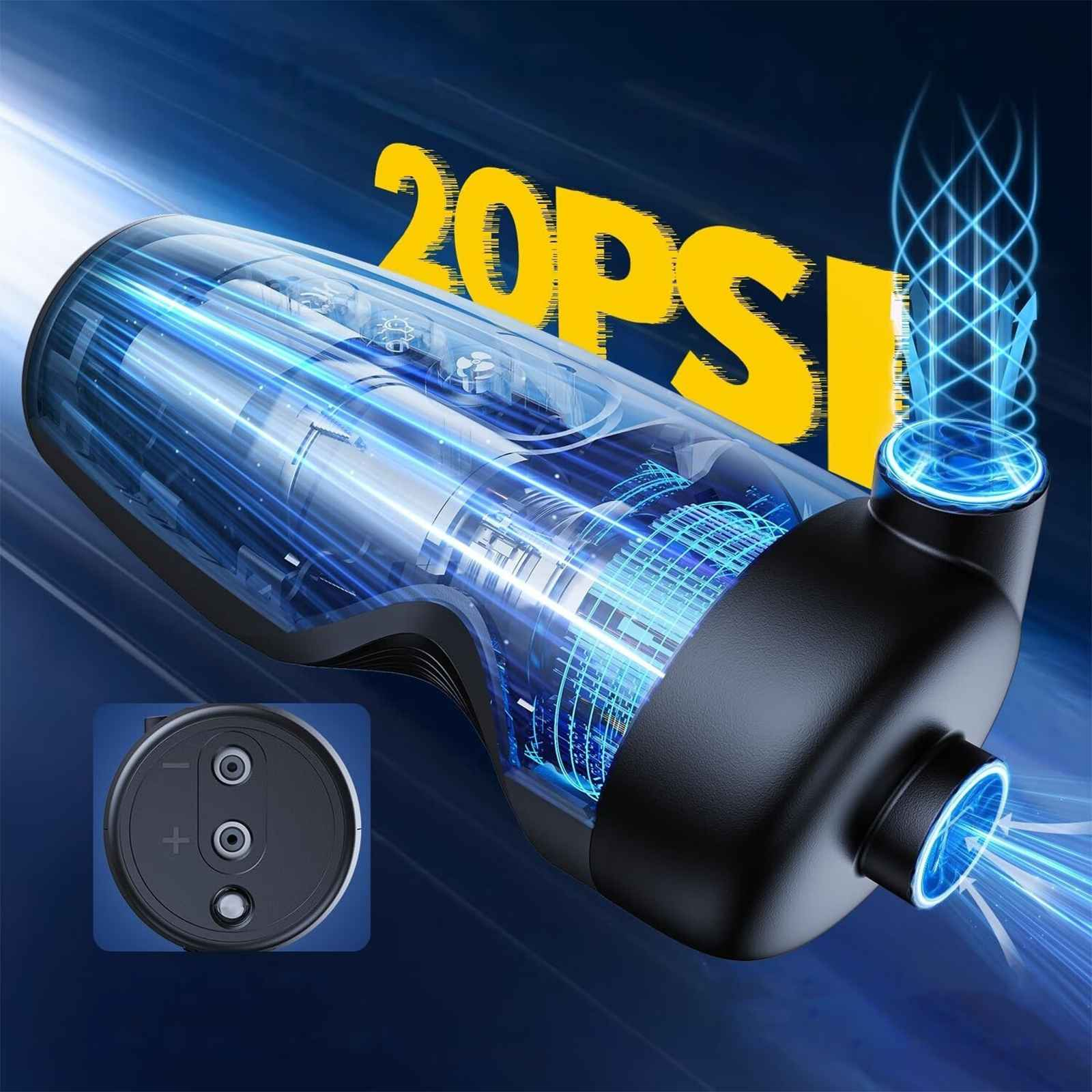 Eine Luftpumpe mit transparenter Kammer, blauen Lichteffekten und einem Bedienfeld. Die Zahl 20PSI ist gelb sichtbar.