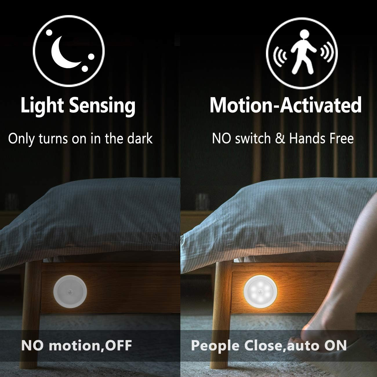 Das Bild zeigt ein Bett mit Lichtsensor und bewegungsaktivierten Lichtern. Eines ist aus, das andere geht an, wenn sich Personen in der Nähe befinden.