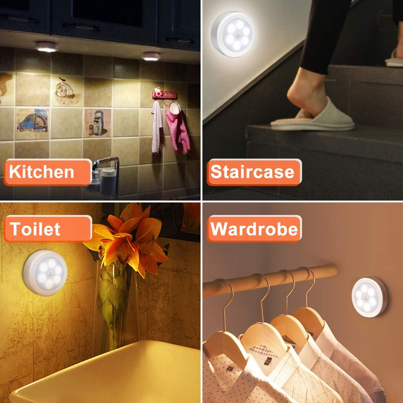 Vier Szenen: Küche, Treppe, Toilette und Kleiderschrank, jeweils mit einer kleinen LED-Leuchte.