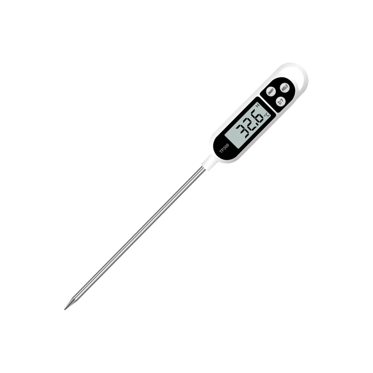 Ein Digitalthermometer mit langer, dünner Metallsonde. Das Display zeigt 32,6 Grad Celsius. Der Griff ist weiß mit schwarzen Knöpfen.