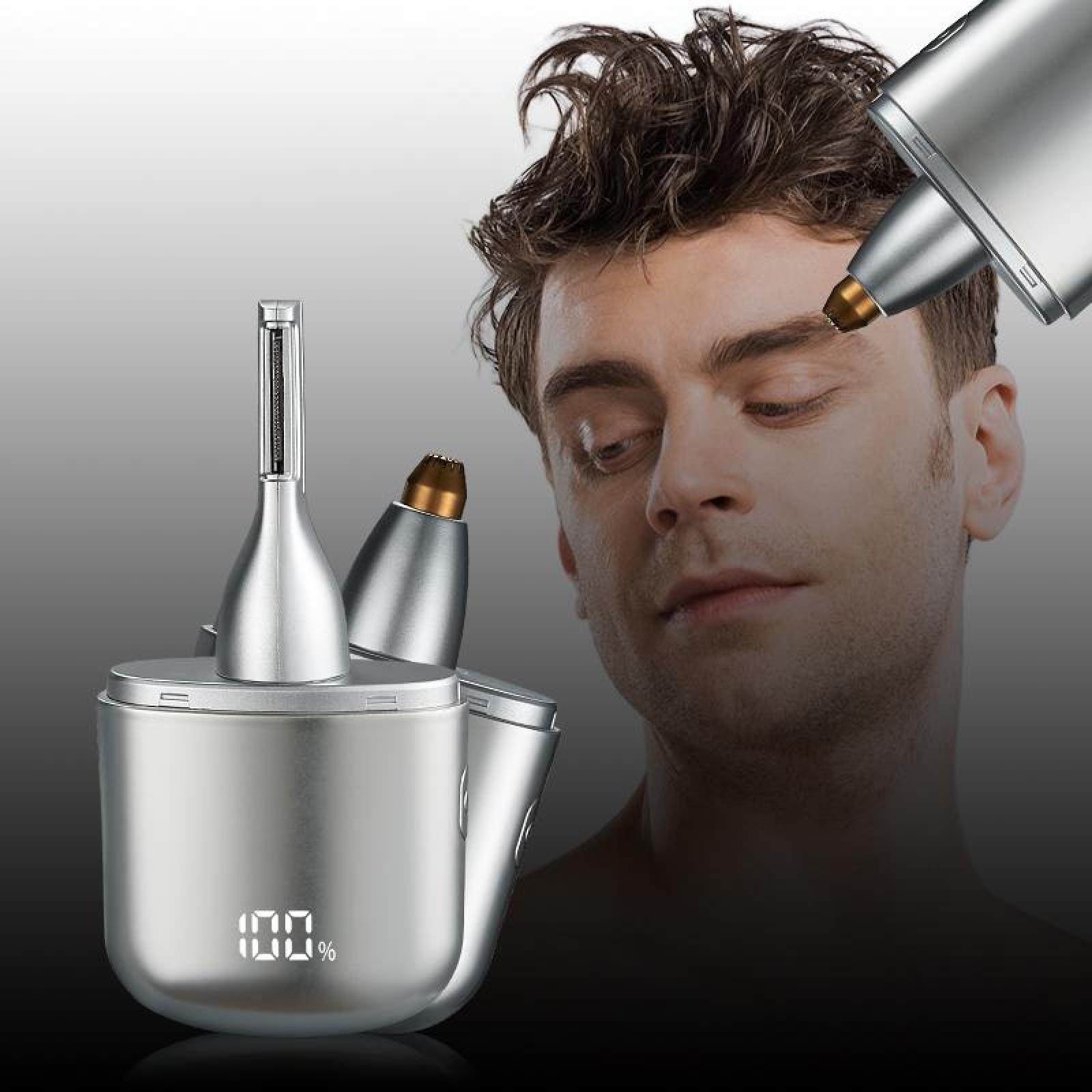 Mann mit Trimmer am Auge. Silberner Trimmer mit Ladestation mit 100 %. Dunkler Hintergrund.
