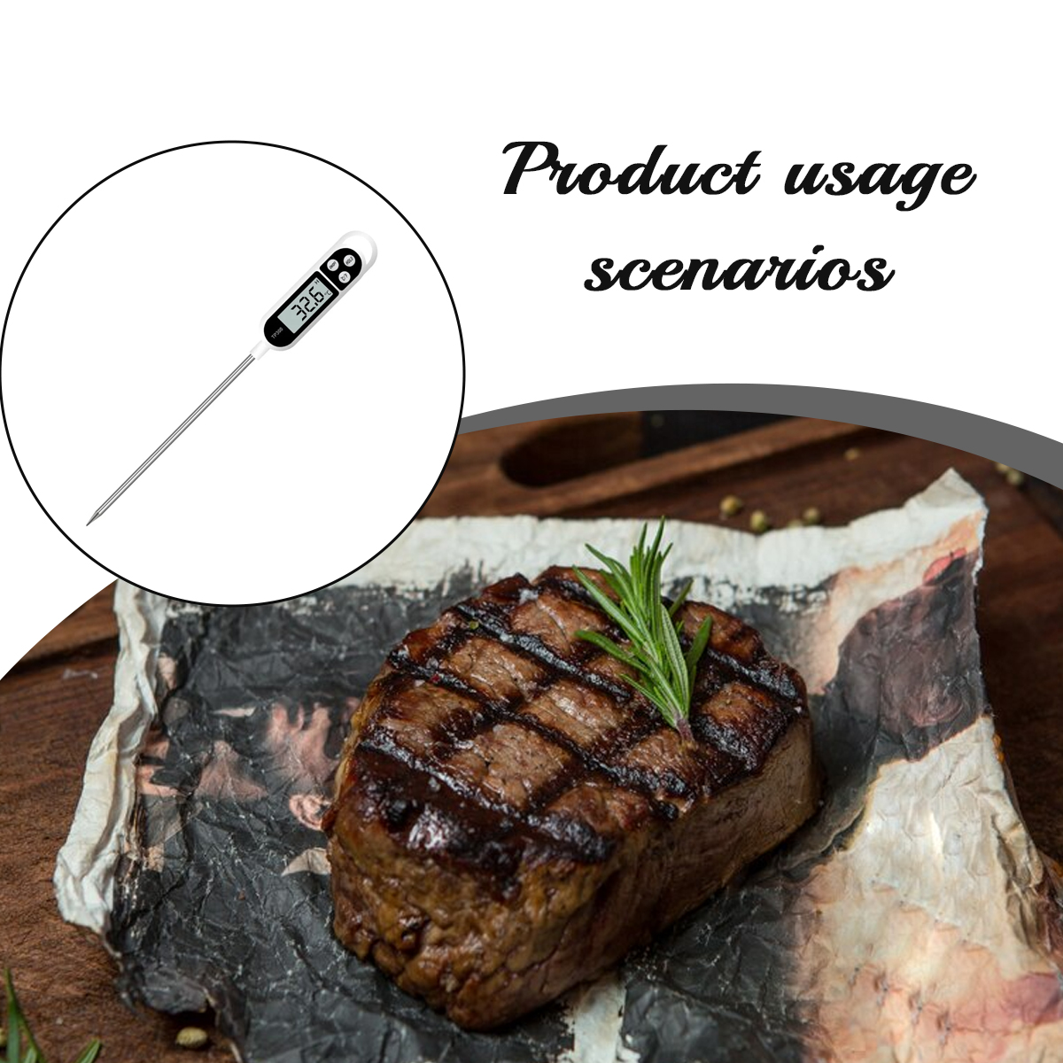 Gegrilltes Steak mit Rosmarinzweig auf Pergamentpapier. Ein Fleischthermometer ist in einem Kreis über dem Steak abgebildet.