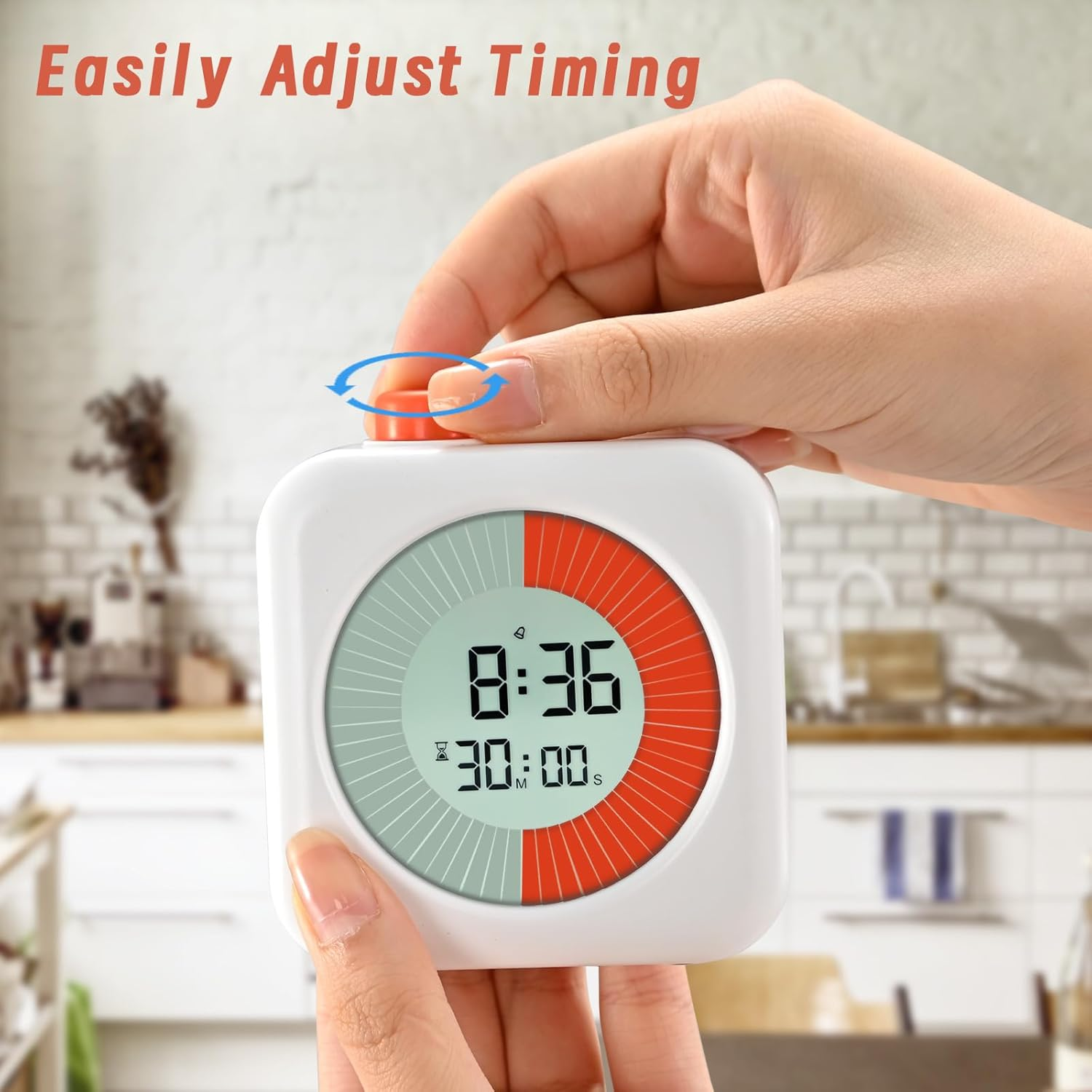 Eine Hand stellt einen weißen Timer mit digitaler Anzeige ein, die 8:36 zeigt. Der Timer befindet sich auf einer Küchenarbeitsplatte. Text: 'Einfaches Einstellen'.
