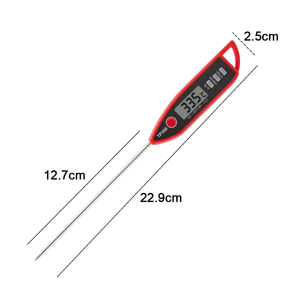 Ein rot-schwarzes digitales Lebensmittelthermometer zeigt 33,5 Grad Celsius an. Es hat eine lange Edelstahlsonde und misst 22,9 cm.