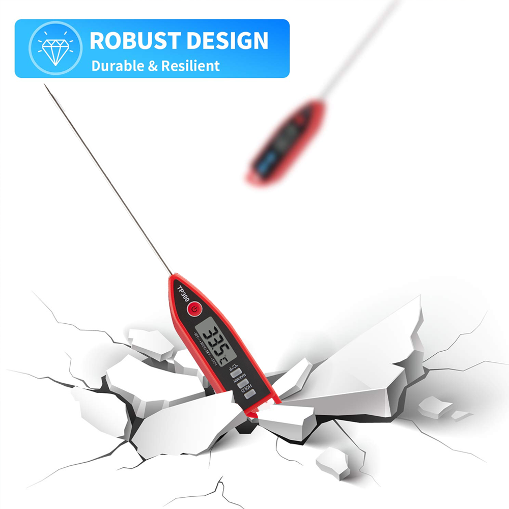 Ein rotes digitales Thermometer mit Sonde durchbricht eine zerbrochene Oberfläche und zeigt eine Temperatur von 33,5 Grad an.