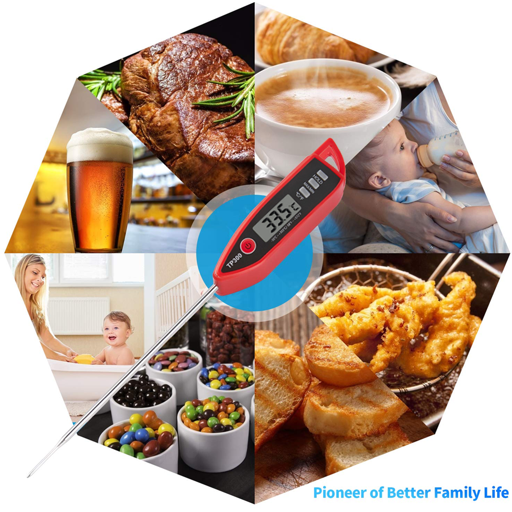 Ein rotes Thermometer in der Mitte. Verschiedene Bilder umgeben es: Steak, Kaffee, Baby, frittiertes Essen, Bier, Süßigkeiten und ein Baby.