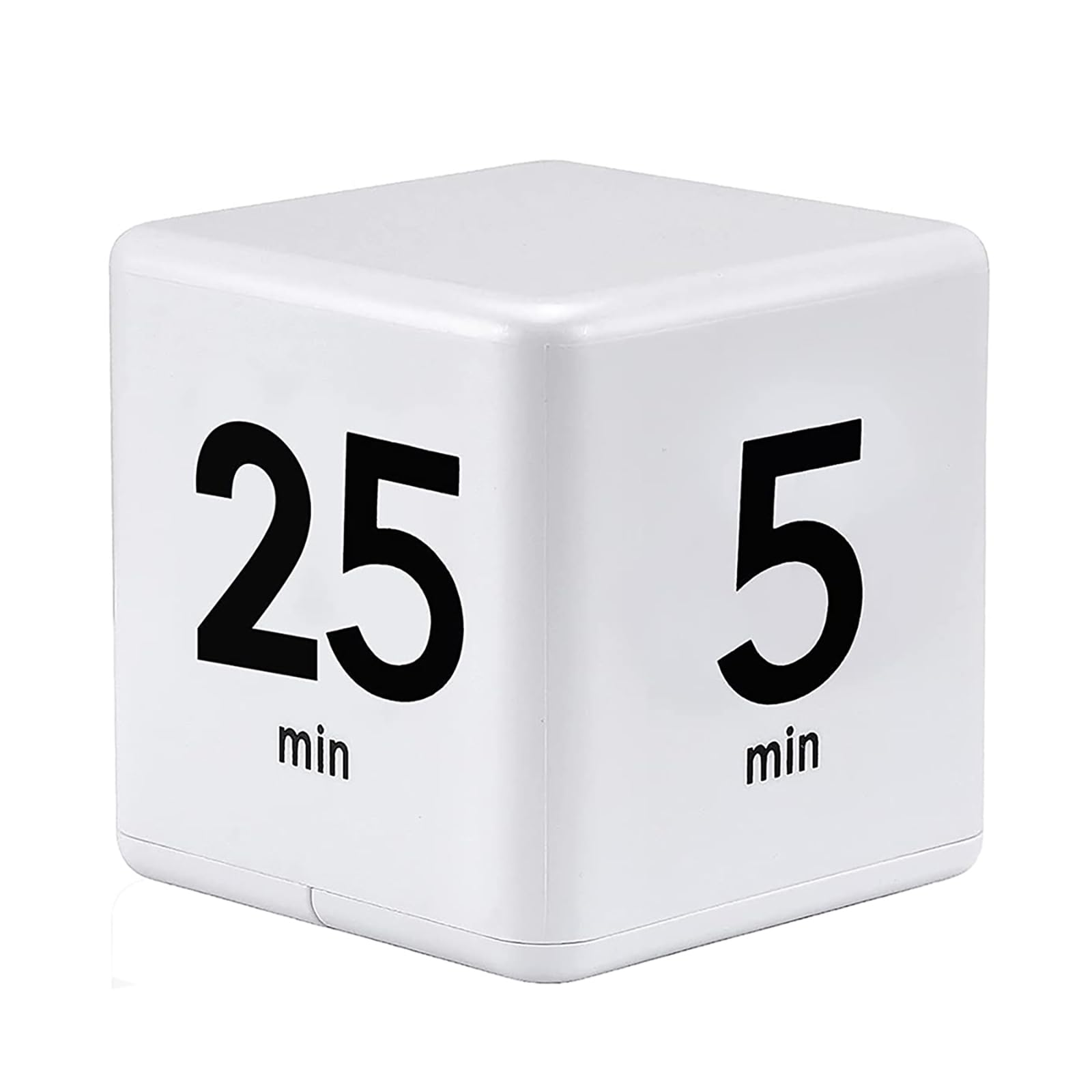Ein weißer Würfel-Timer mit schwarzen Zahlen '25' und '5' auf angrenzenden Seiten, mit 'min' darunter.