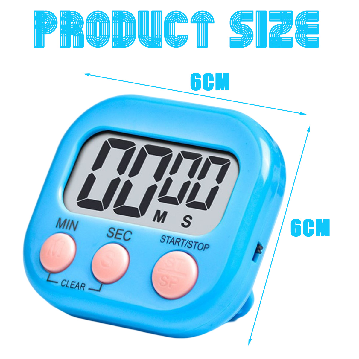 Ein blauer Küchentimer zeigt 00:00 an. Er hat rosa Knöpfe für Minuten, Sekunden und Start/Stopp. Die Abmessungen sind 6cm x 6cm.