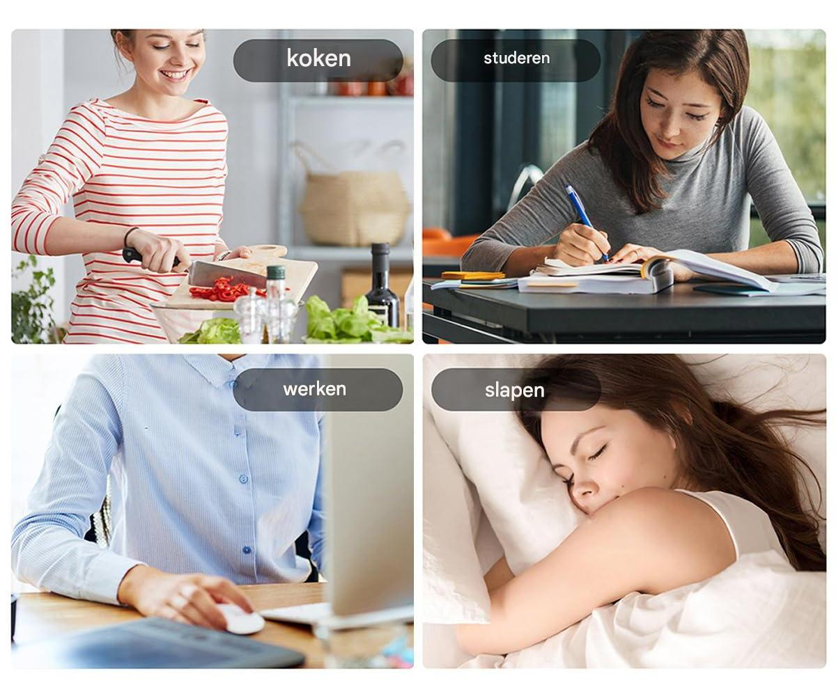 Das Bild zeigt vier Szenen: Kochen, Studieren, Arbeiten am Laptop und friedlich im Bett schlafen. Jede Szene hat eine Beschriftung.