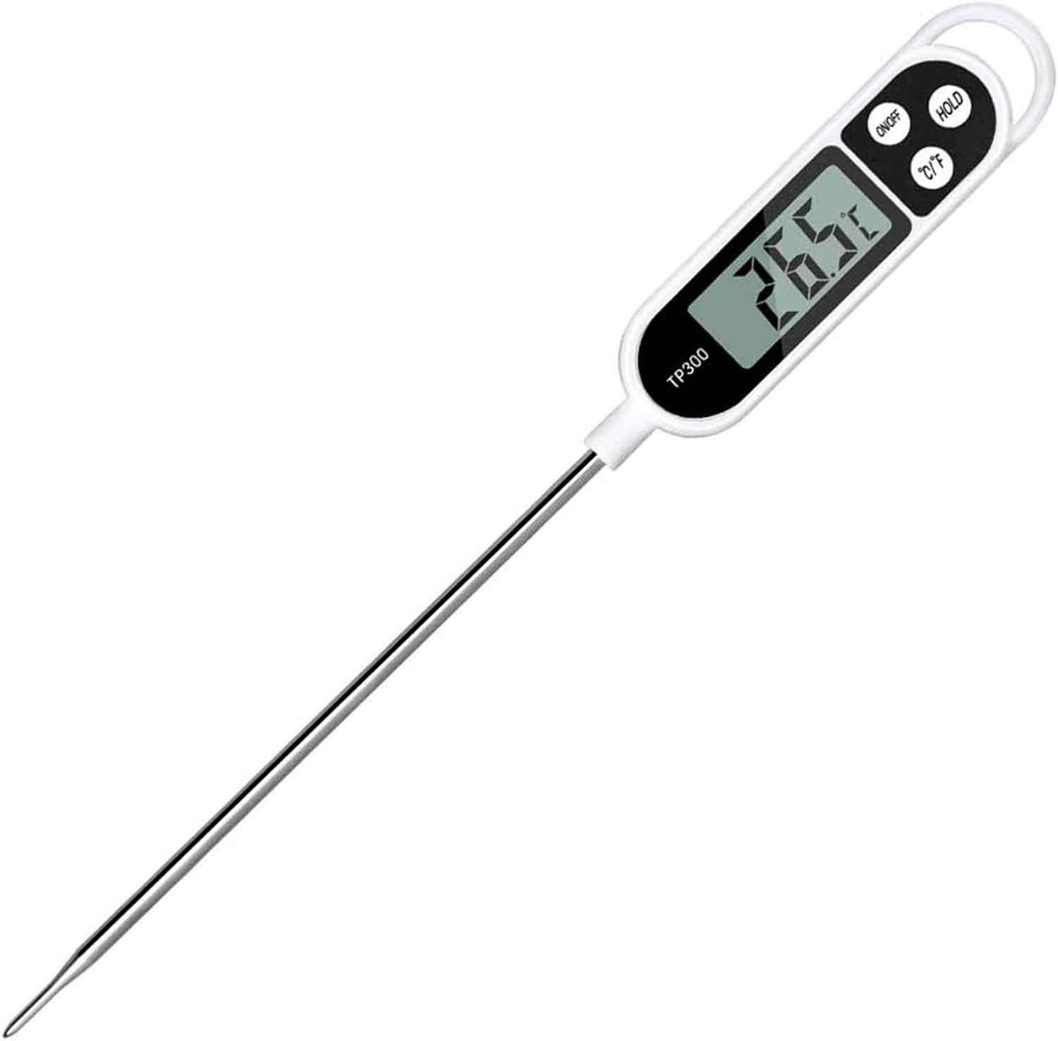 Ein digitales Lebensmittelthermometer mit langer Metallsonde. Es zeigt 26,5 Grad an. Hat Ein/Aus-, Halte- und C/F-Tasten.
