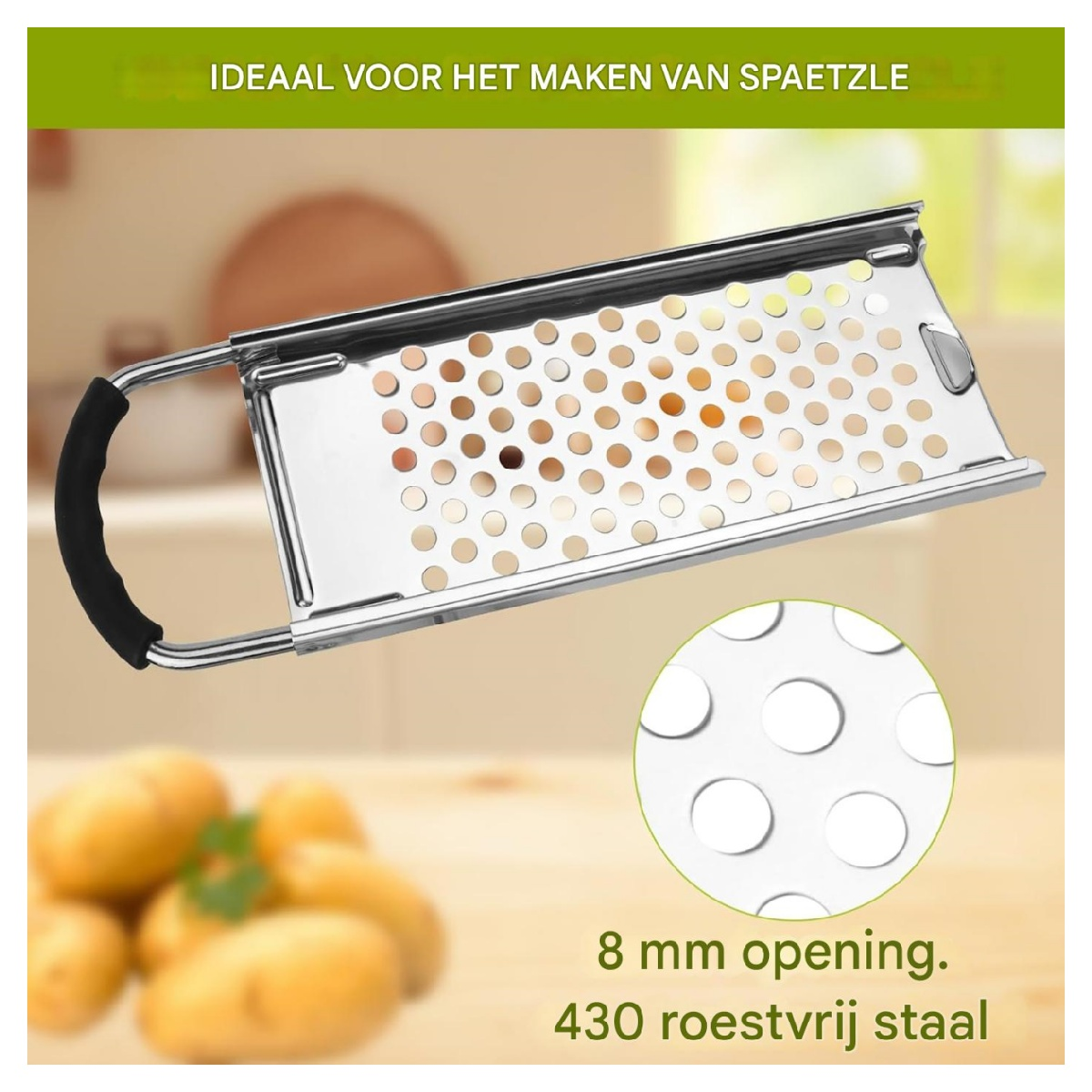 Ein Spätzle-Reibe aus Edelstahl mit schwarzem Griff, Kartoffeln und Text. Die Reibe hat viele Löcher.
