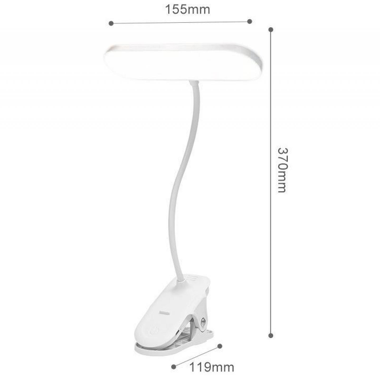 Eine weiße Schreibtischlampe mit Clipfuß. Sie hat einen gebogenen Arm und einen ovalen Leuchtkopf. Abmessungen sind angegeben.
