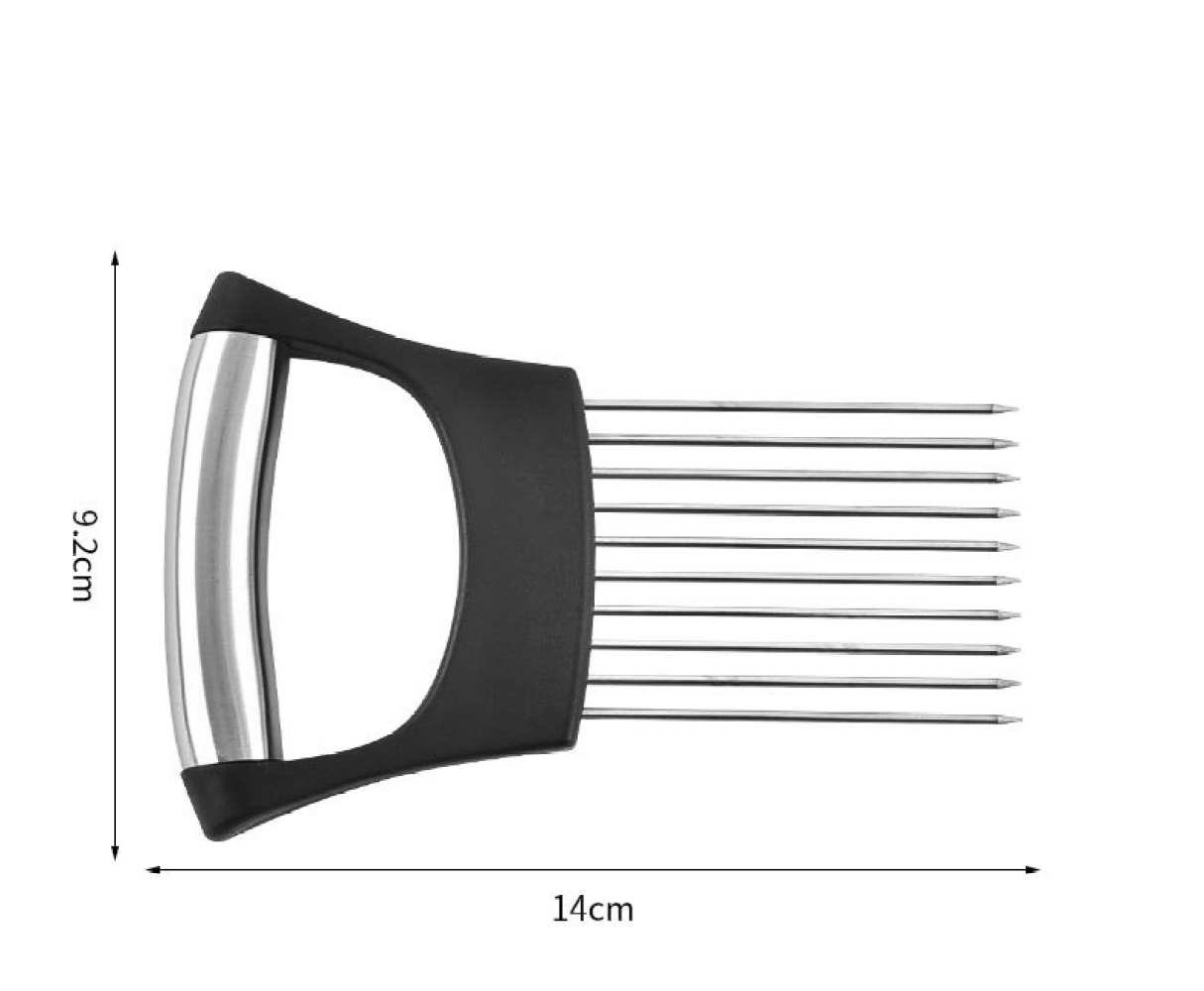 Ein schwarz-silberner Zwiebelhalter mit Edelstahlspitzen und Griff, vor weißem Hintergrund. Abmessungen sind 9,2 cm x 14 cm.