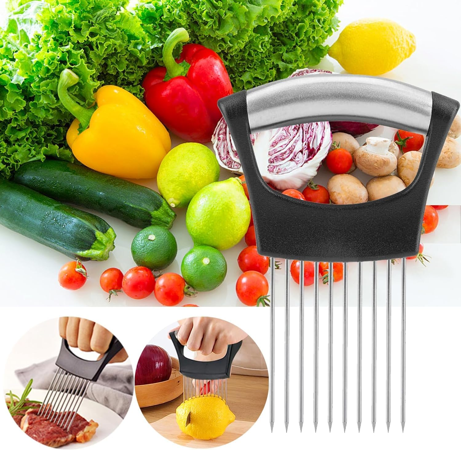 Eine Vielzahl von Gemüse und Früchten, darunter Paprika, Zucchini, Zitronen, Limetten, Tomaten, Pilze und ein Lebensmittelschneider.