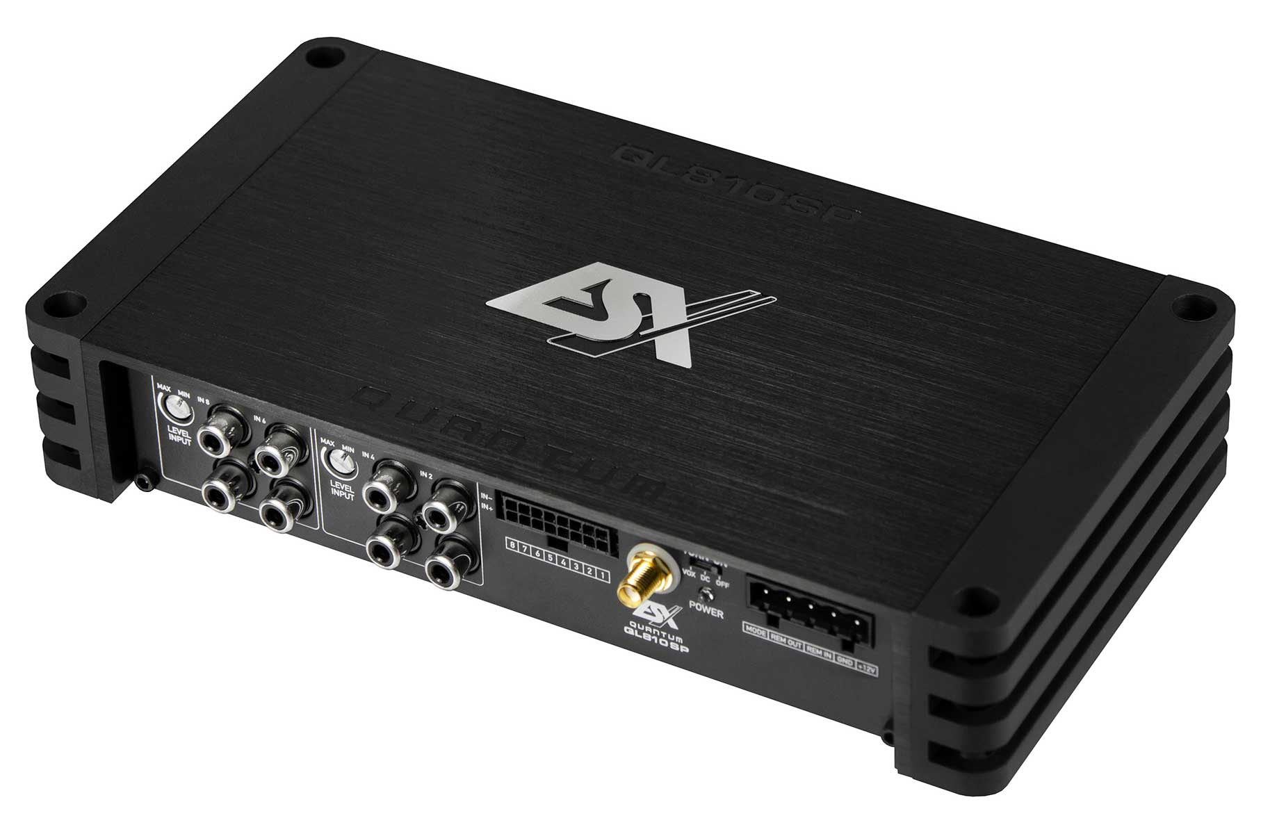 Schwarzer Audioverstärker mit silbernen Akzenten und verschiedenen Ein-/Ausgängen. 'QSX Quantum GL810SP' ist aufgedruckt.