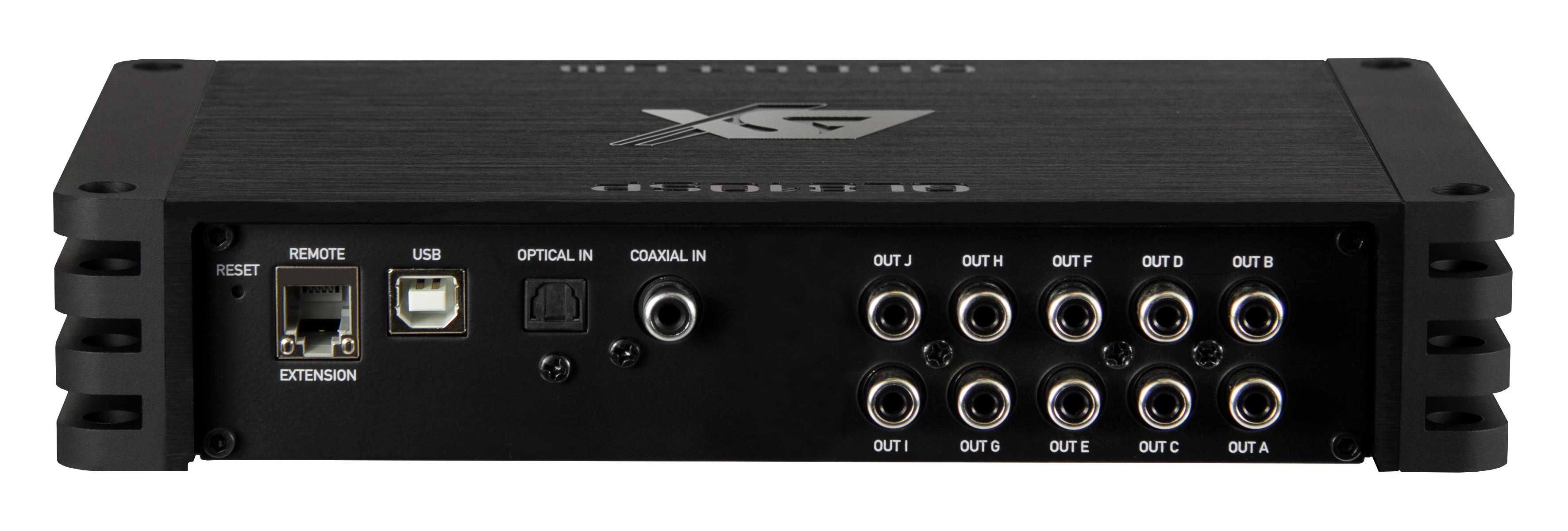Schwarzer Audioverstärker mit verschiedenen Ein-/Ausgangsanschlüssen. Zu den Bezeichnungen gehören USB, Optical In und Out J, H, F, D, B, I, G, E, C, A.