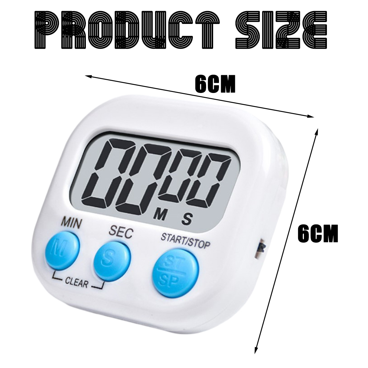 Ein weißer Timer mit Digitalanzeige '0000'. Blaue Tasten für Minuten, Sekunden und Start/Stopp. Abmessungen 6x6cm.