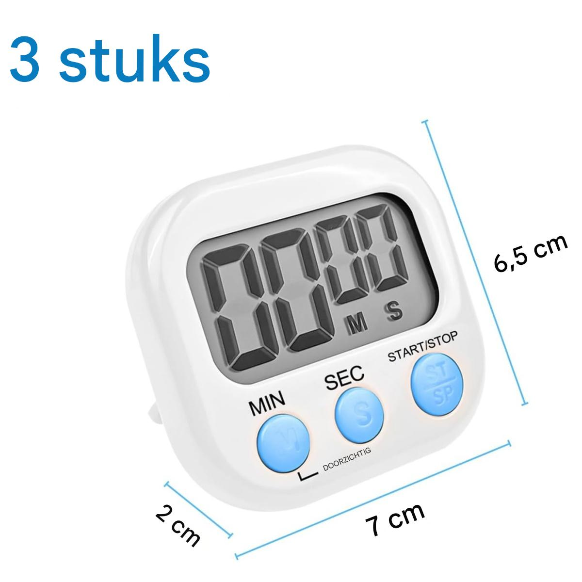 Ein weißer digitaler Küchentimer mit einer Anzeige von '00:00'. Der Timer hat Tasten für Minuten, Sekunden und Start/Stopp. Abmessungen sind angegeben.