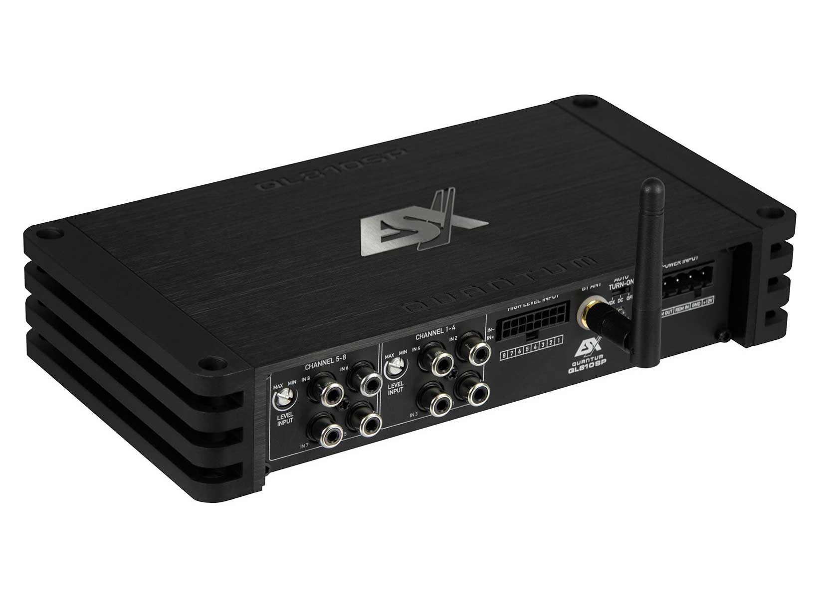 Ein schwarzer Auto-Verstärker mit mehreren Ein- und Ausgängen, einer Antenne und dem Markennamen ES Quantum GL810SP.