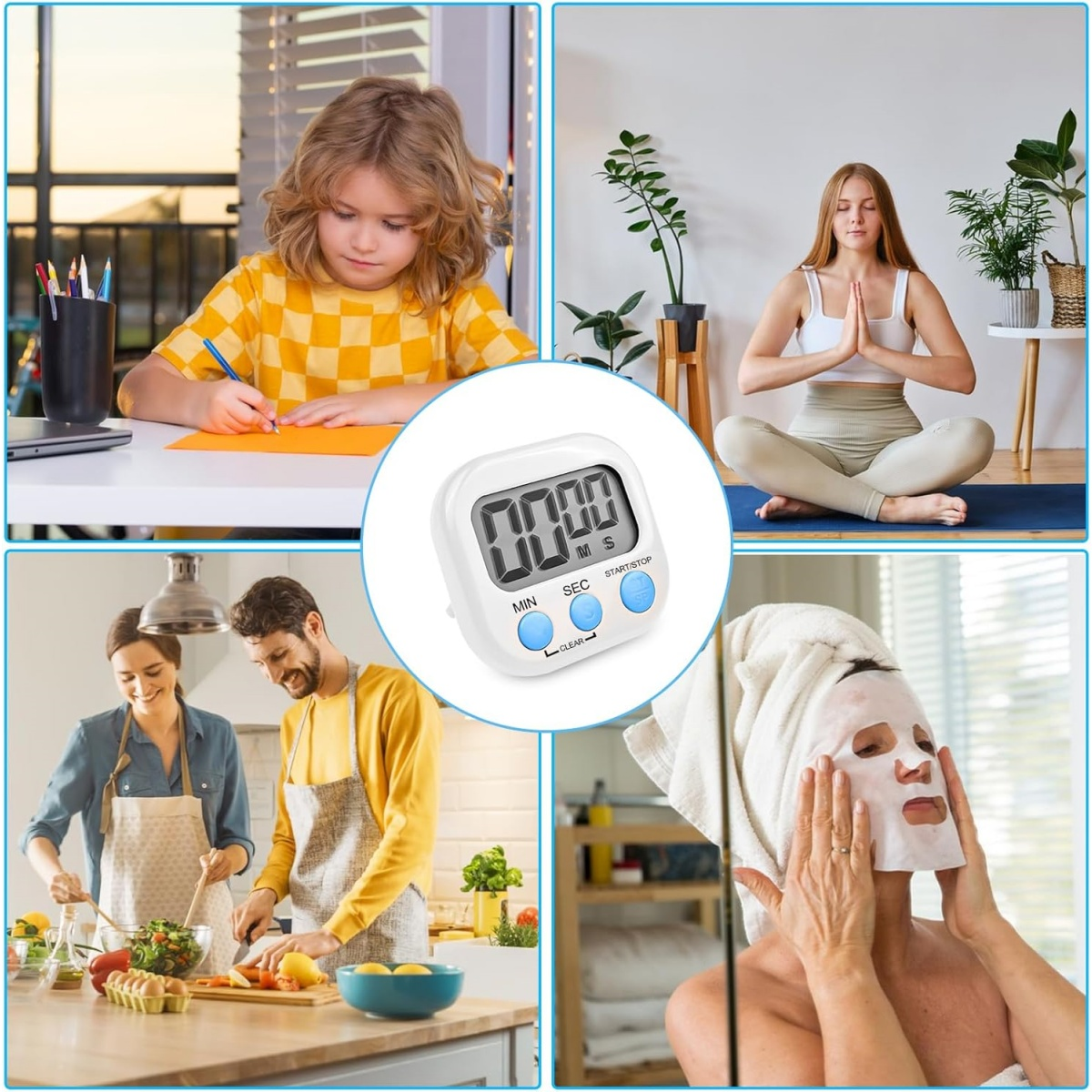 Die Collage zeigt ein Kind beim Zeichnen, eine meditierende Frau, ein kochendes Paar und eine Frau mit Gesichtsmaske. In der Mitte ein Timer.