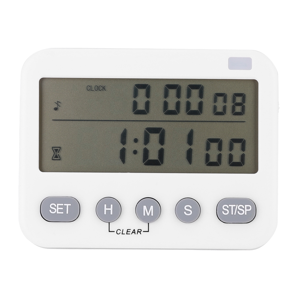 Ein weißer digitaler Timer zeigt die Zeit: 0:00:08 und 1:01:00. Tasten sind SET, H, M, S und ST/SP. Das Wort CLOCK ist sichtbar.