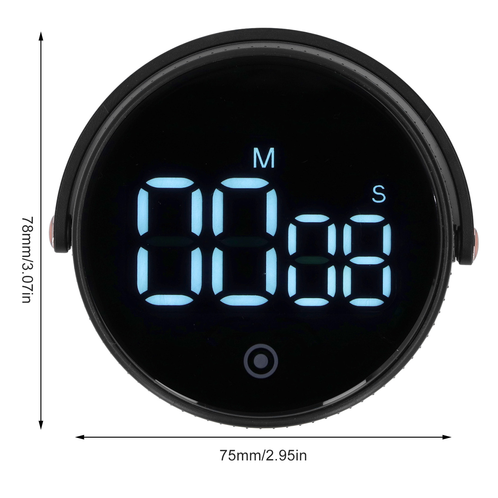 Ein runder, schwarzer digitaler Timer, der 00:00 in blauem Licht anzeigt. Der Timer hat einen schwarzen Rahmen mit Maßen.