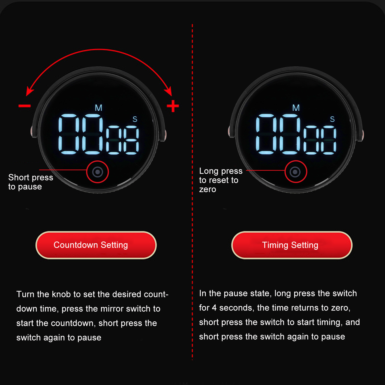 Digitaler Timer mit schwarzem Hintergrund. Zeigt Zeit und Anweisungen für Countdown- und Zeiteinstellungen an.